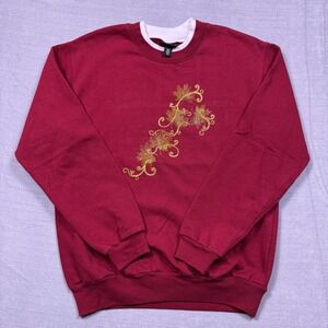 Trilogy by Morning Sun Womens Sweatshirt‎ Medium Maroon Gold Floral Embroidered
